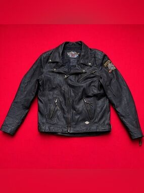 Harley Davidson Leather Biker Jacket L Tall Black Horny Toad Patch